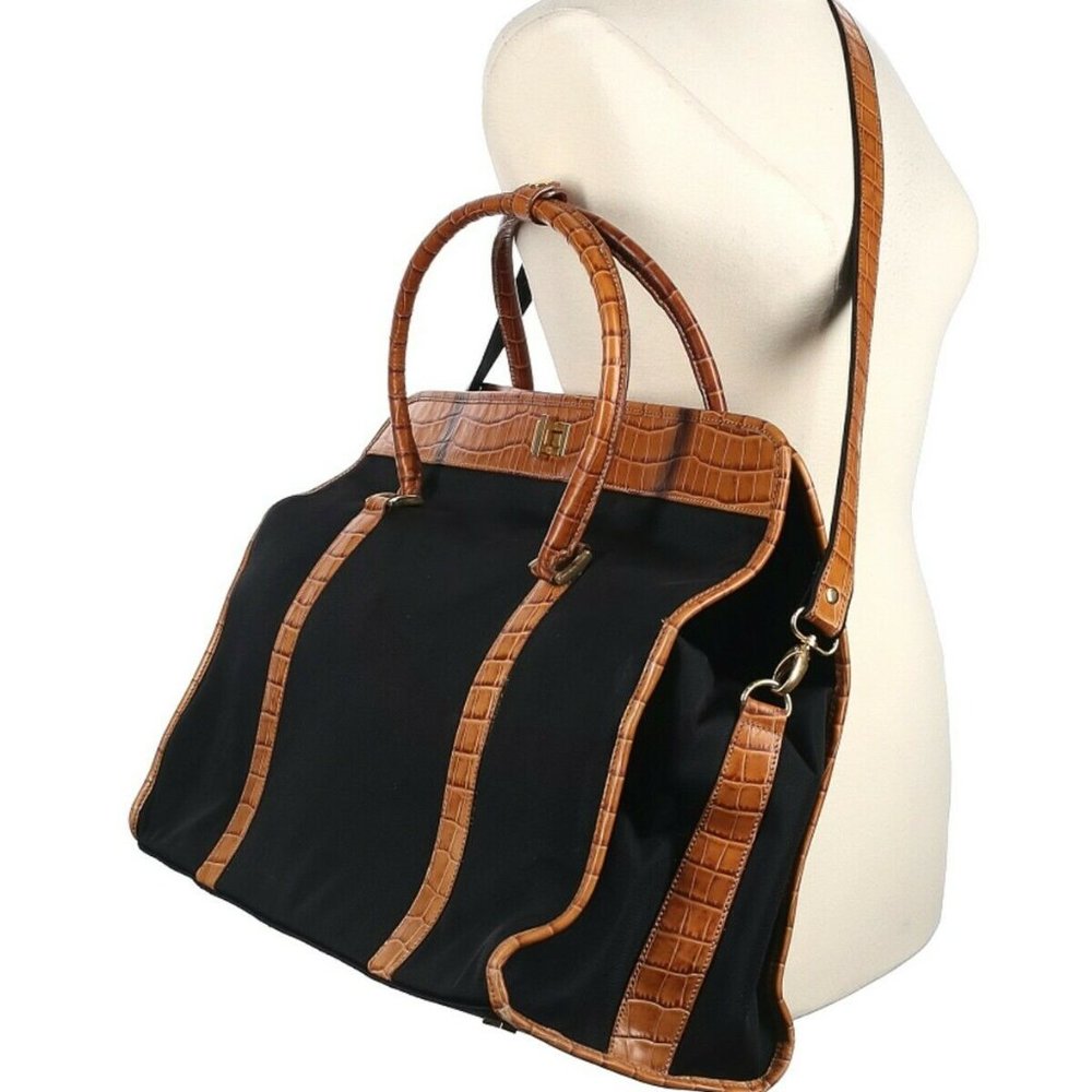 Nwot Adrienne Vittadini Xl Tote Bag Black Canvas Croc Print Leather Strap